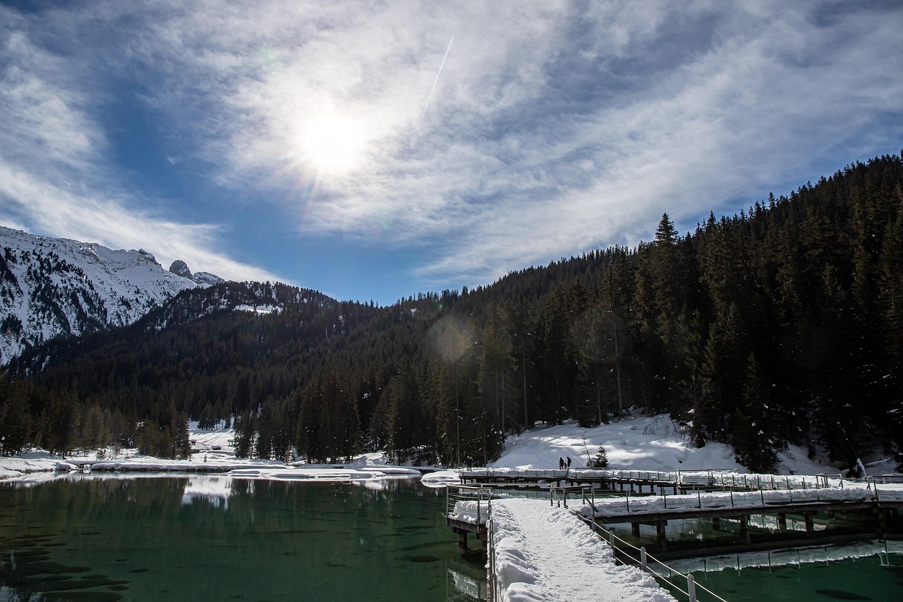 Panorama innevato del Trentino con montagne, alberi e un villaggio pittoresco in inverno.