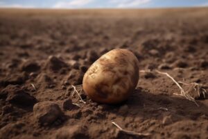 Patate seminati in fila su un terreno fertile, con righe che mostrano la distanza ideale per una buona crescita.